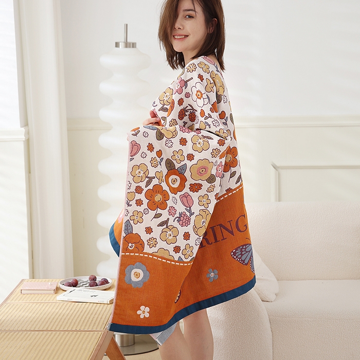 91家纺网 家纺一手货源 找家纺 朴尔家纺-毛巾被 2023新款加大浴巾纯棉四层纱布家用男女柔软不掉毛通用成人全棉洗澡大裹巾儿童卡通 80*160cm蝶舞