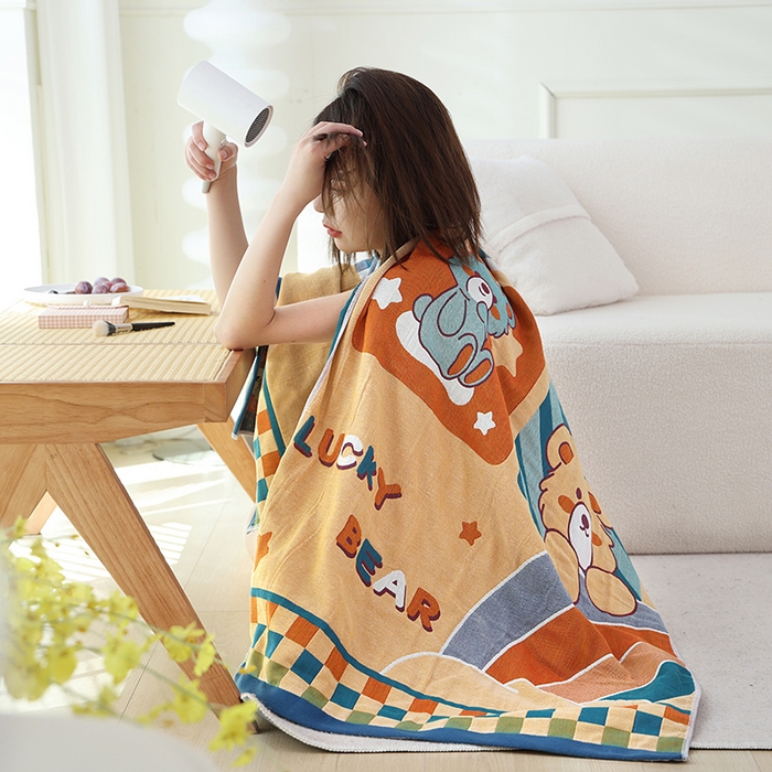 91家纺网 家纺一手货源 找家纺 朴尔家纺-毛巾被 2023新款加大浴巾纯棉四层纱布家用男女柔软不掉毛通用成人全棉洗澡大裹巾儿童卡通 80*160cm幸运熊宝贝