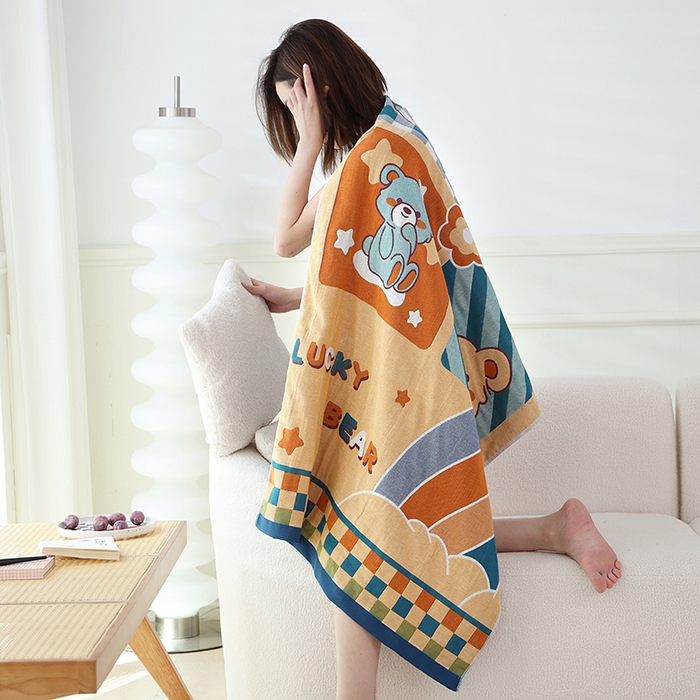 91家纺网 家纺一手货源 找家纺 朴尔家纺-毛巾被 2023新款加大浴巾纯棉四层纱布家用男女柔软不掉毛通用成人全棉洗澡大裹巾儿童卡通 80*160cm幸运熊宝贝