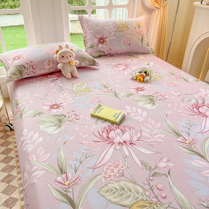 91家纺网 家纺一手货源 找家纺 绵庭家纺 2023新款12868系列全棉小清新印花单床单 玉芙蓉 豆沙