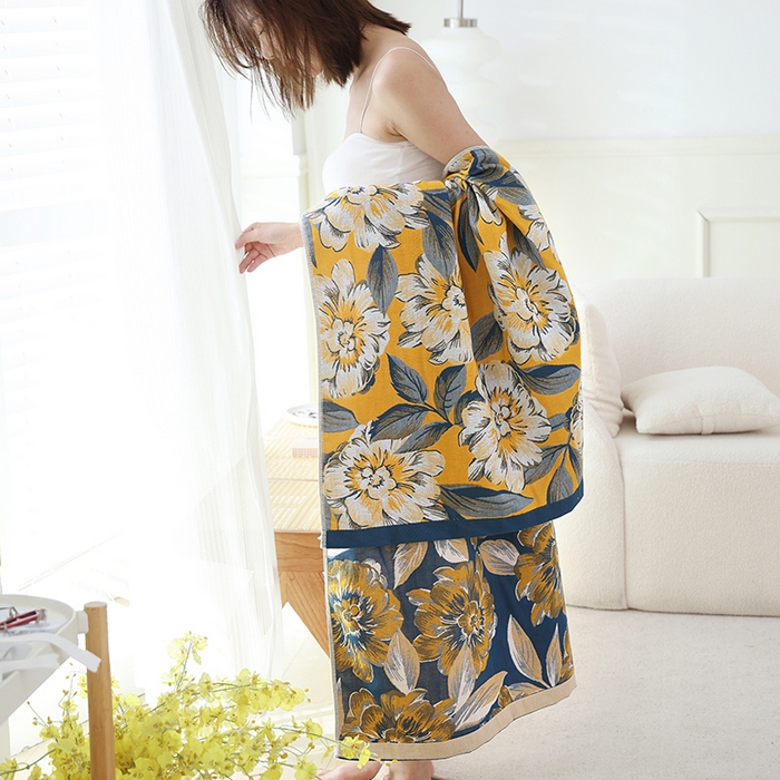 91家纺网 家纺一手货源 找家纺 朴尔家纺-毛巾被 2023新款加大浴巾纯棉四层纱布家用男女柔软不掉毛通用成人全棉洗澡大裹巾儿童卡通 80*160cm玉兰花开