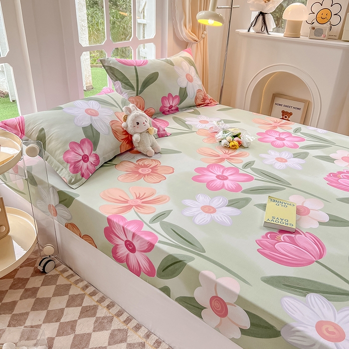 91家纺网 家纺一手货源 找家纺 绵庭家纺 2023新款12868系列全棉小清新印花单床笠 荷花映红