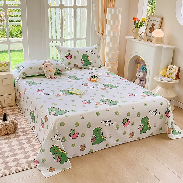 91家纺网 家纺一手货源 找家纺 绵庭家纺 2023新款12868系列全棉小清新印花单床单 恐龙贝贝