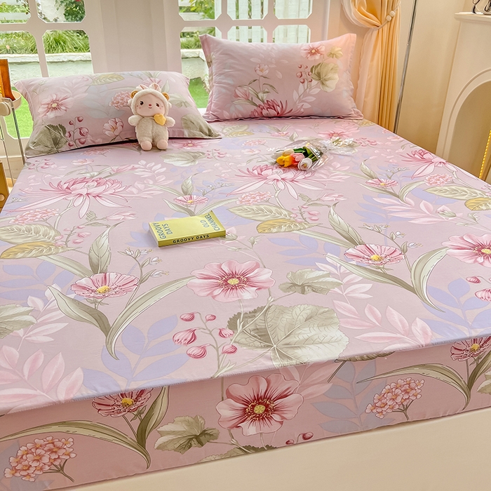 91家纺网 家纺一手货源 找家纺 绵庭家纺 2023新款12868系列全棉小清新印花单床笠 玉芙蓉 豆沙