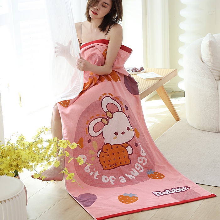 91家纺网 家纺一手货源 找家纺 朴尔家纺-毛巾被 2023新款加大浴巾纯棉四层纱布家用男女柔软不掉毛通用成人全棉洗澡大裹巾儿童卡通 80*160cm草莓兔