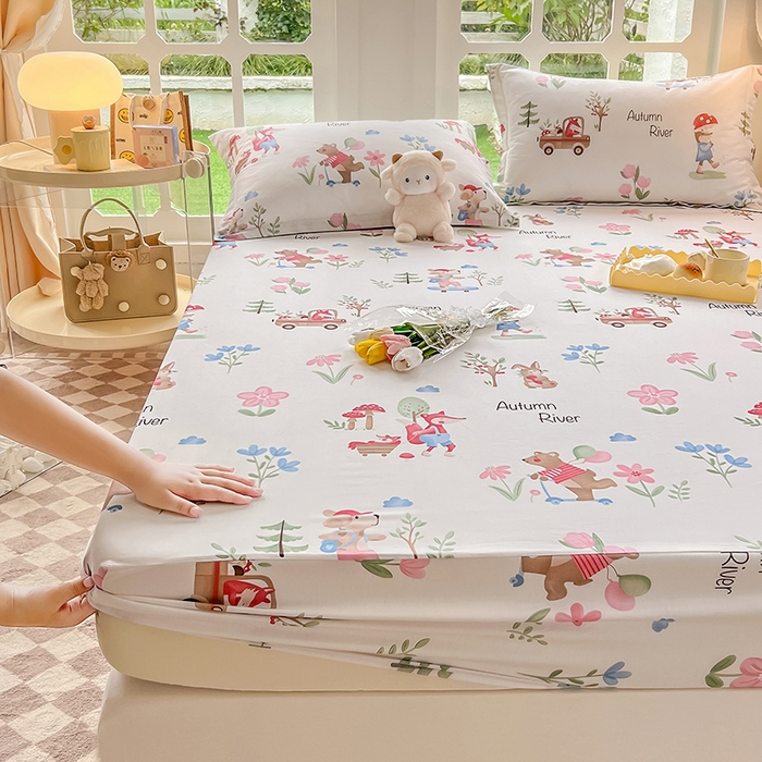 91家纺网 家纺一手货源 找家纺 绵庭家纺 2023新款12868系列全棉小清新印花单床笠 森林狂欢