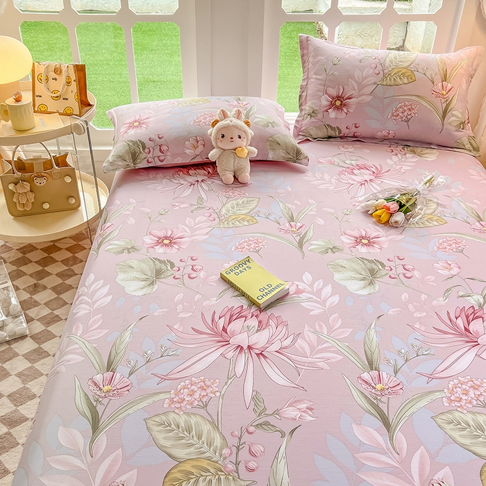 91家纺网 家纺一手货源 找家纺 绵庭家纺 2023新款12868系列全棉小清新印花单床单 玉芙蓉 豆沙