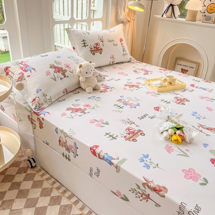 91家纺网 家纺一手货源 找家纺 绵庭家纺 2023新款12868系列全棉小清新印花单床笠 森林狂欢