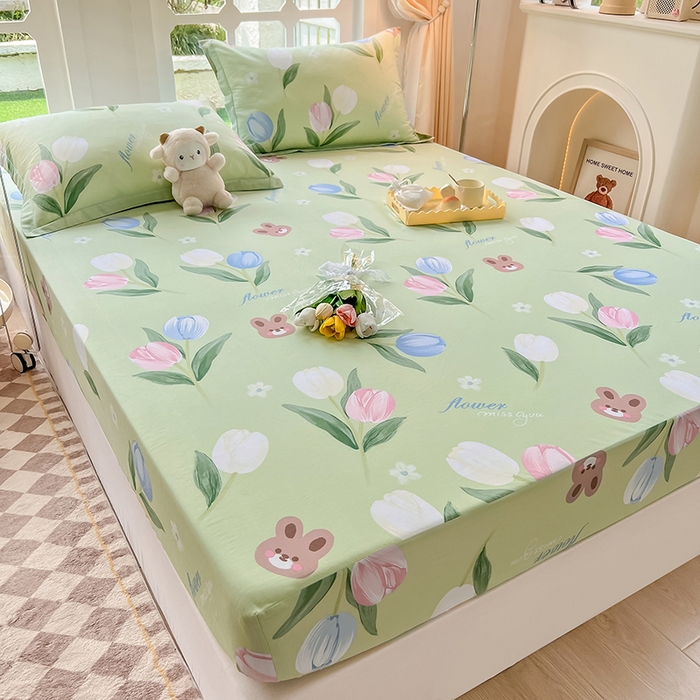 91家纺网 家纺一手货源 找家纺 绵庭家纺 2023新款12868系列全棉小清新印花单床笠 丁香兔