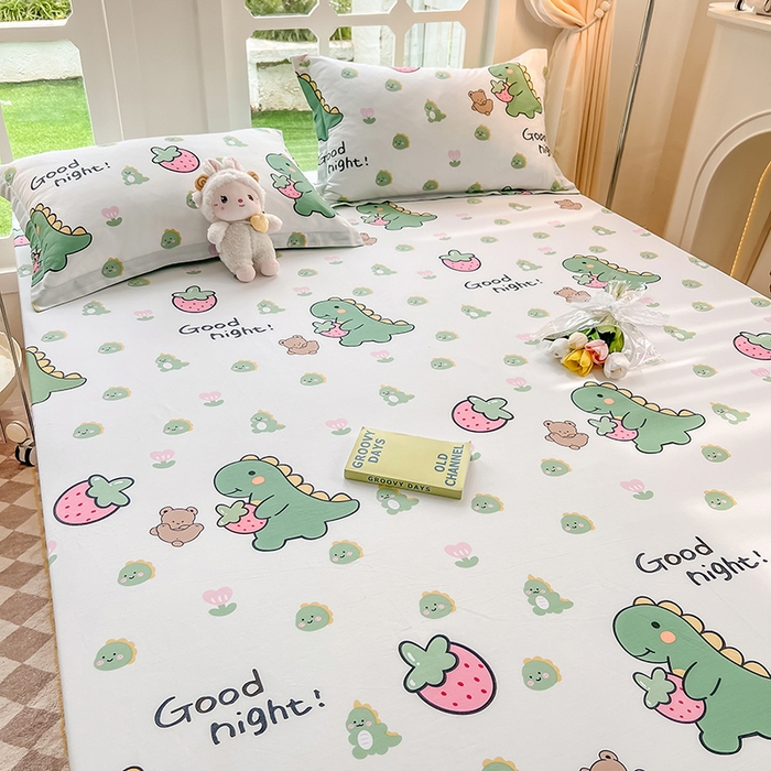 91家纺网 家纺一手货源 找家纺 绵庭家纺 2023新款12868系列全棉小清新印花单床笠 恐龙贝贝