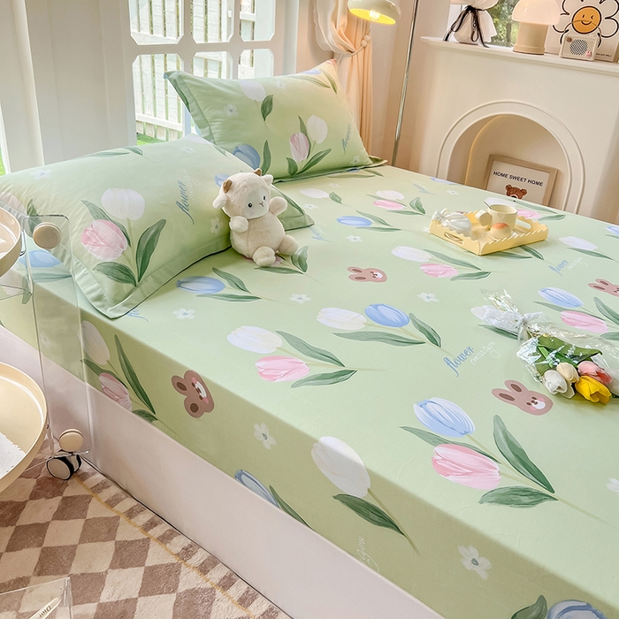 91家纺网 家纺一手货源 找家纺 绵庭家纺 2023新款12868系列全棉小清新印花单床笠 丁香兔