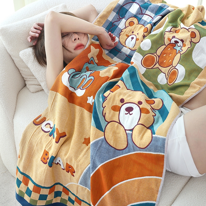 91家纺网 家纺一手货源 找家纺 朴尔家纺-毛巾被 2023新款加大浴巾纯棉四层纱布家用男女柔软不掉毛通用成人全棉洗澡大裹巾儿童卡通 80*160cm幸运熊宝贝