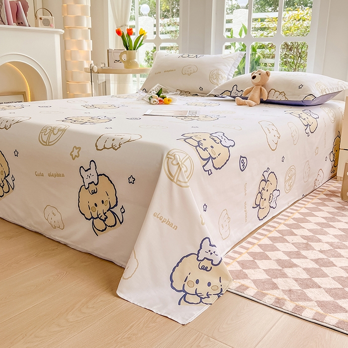 91家纺网 家纺一手货源 找家纺 绵庭家纺 2023新款12868系列全棉小清新印花单床单 可爱小象