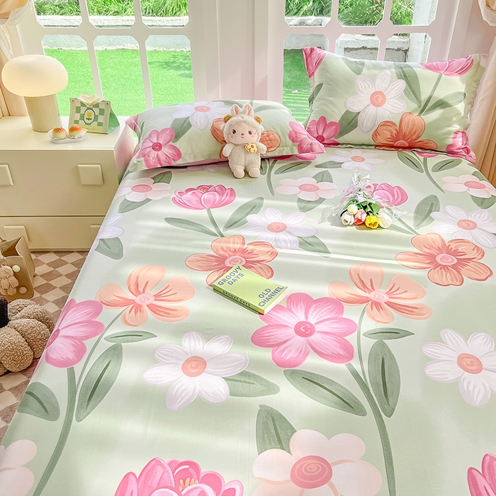 91家纺网 家纺一手货源 找家纺 绵庭家纺 2023新款12868系列全棉小清新印花单床单 荷花映红