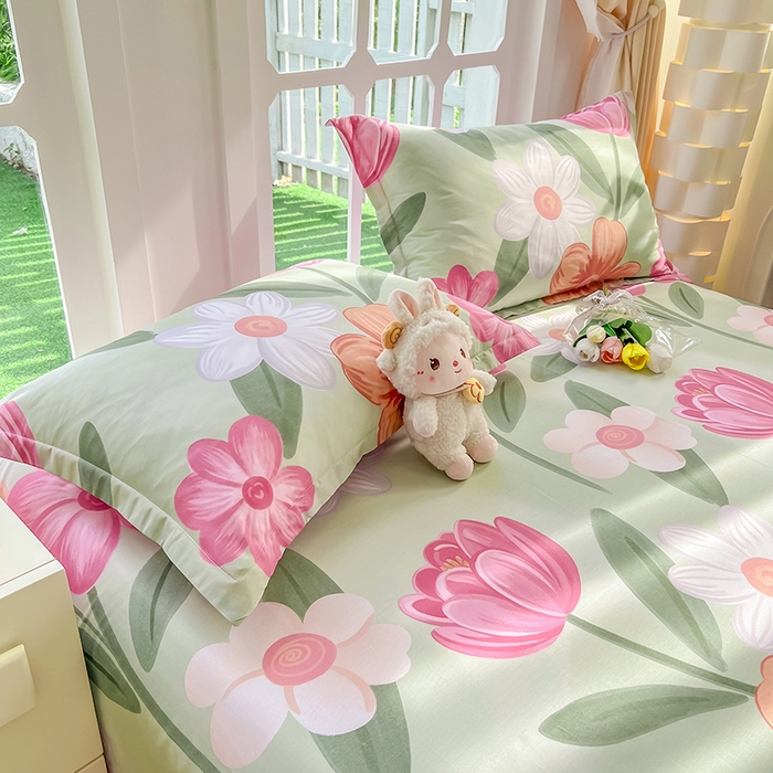 91家纺网 家纺一手货源 找家纺 绵庭家纺 2023新款12868系列全棉小清新印花单床单 荷花映红