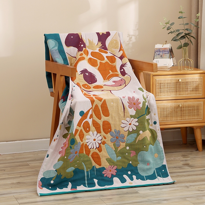 91家纺网 家纺一手货源 找家纺 朴尔家纺-毛巾被 2023新款加大浴巾纯棉四层纱布家用男女柔软不掉毛通用成人全棉洗澡大裹巾儿童卡通 80*160cm花间福鹿