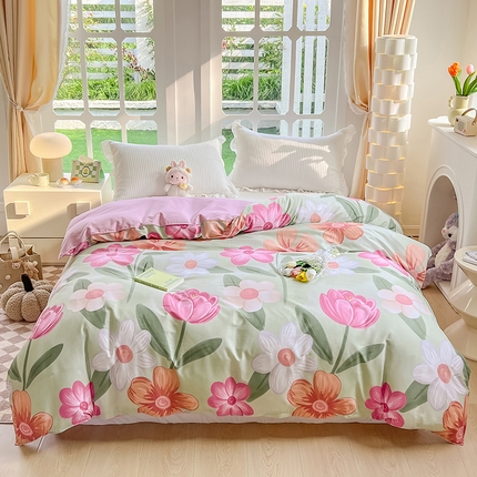 91家纺网 家纺一手货源 找家纺 绵庭家纺 2023新款12868系列全棉小清新印花单被套 荷花映红