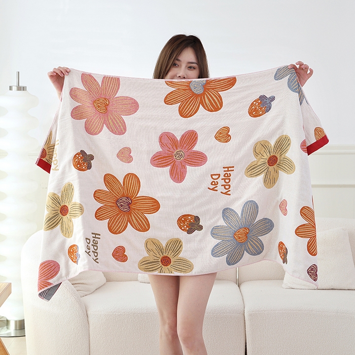 91家纺网 家纺一手货源 找家纺 朴尔家纺-毛巾被 2023新款加大浴巾纯棉四层纱布家用男女柔软不掉毛通用成人全棉洗澡大裹巾儿童卡通 80*160cm七色花