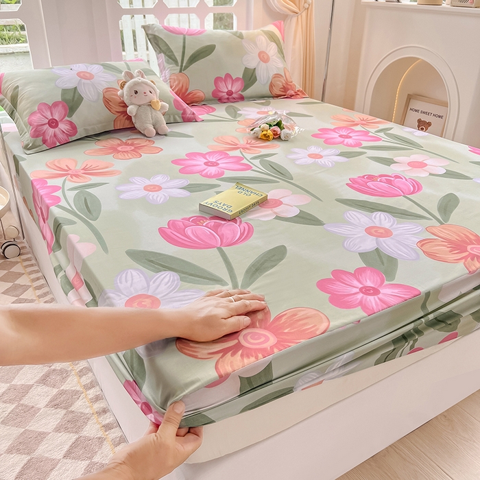 91家纺网 家纺一手货源 找家纺 绵庭家纺 2023新款12868系列全棉小清新印花单床笠 荷花映红