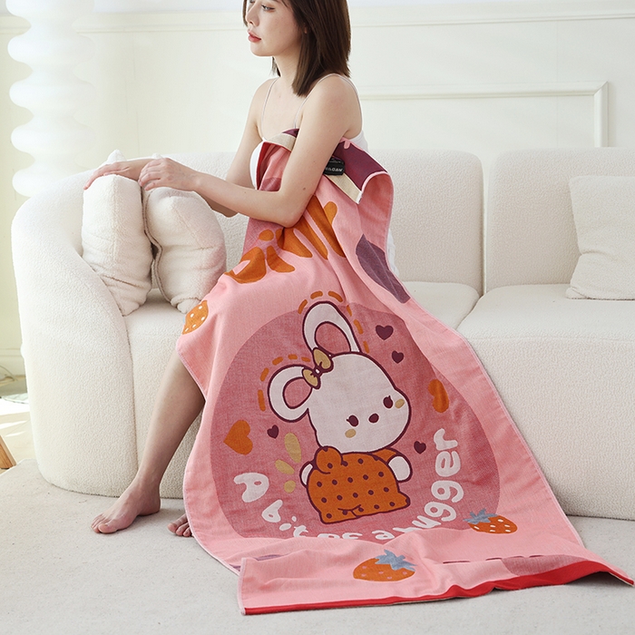 91家纺网 家纺一手货源 找家纺 朴尔家纺-毛巾被 2023新款加大浴巾纯棉四层纱布家用男女柔软不掉毛通用成人全棉洗澡大裹巾儿童卡通 80*160cm草莓兔