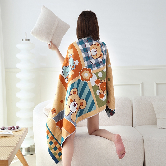 91家纺网 家纺一手货源 找家纺 朴尔家纺-毛巾被 2023新款加大浴巾纯棉四层纱布家用男女柔软不掉毛通用成人全棉洗澡大裹巾儿童卡通 80*160cm幸运熊宝贝