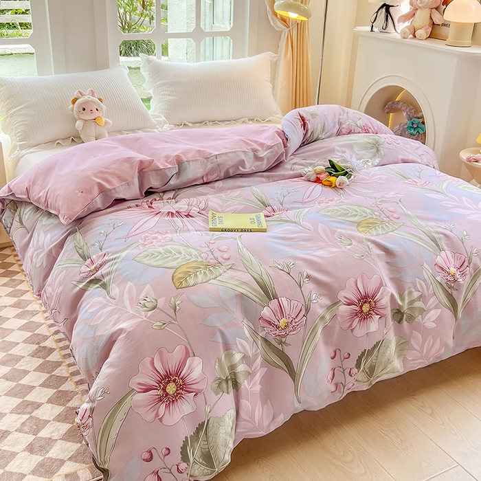 91家纺网 家纺一手货源 找家纺 绵庭家纺 2023新款12868系列全棉小清新印花单被套 玉芙蓉 豆沙