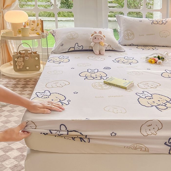 91家纺网 家纺一手货源 找家纺 绵庭家纺 2023新款12868系列全棉小清新印花单床笠 可爱小象