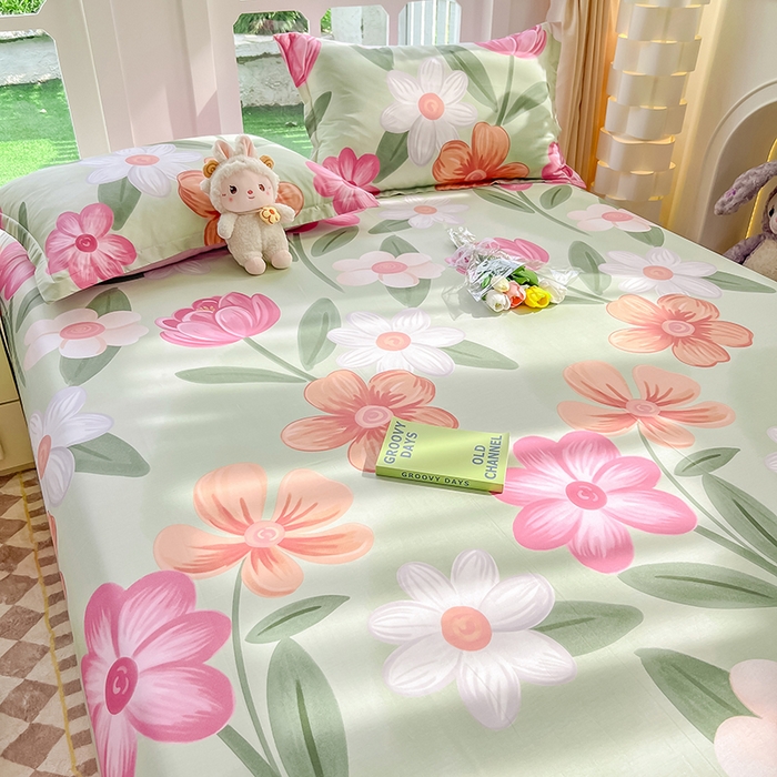 91家纺网 家纺一手货源 找家纺 绵庭家纺 2023新款12868系列全棉小清新印花单床单 荷花映红