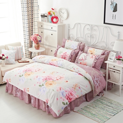 91家纺网 家纺一手货源 找家纺 （总）爱妮玖玖家纺 2023新款全棉12868韩式单层床裙（配双针被套的）四件套