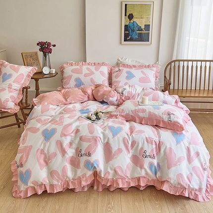91家纺网 家纺一手货源 找家纺 （总）爱妮玖玖家纺 2023新款全棉40s春夏床裙四件套：春暖床裙配花边被套