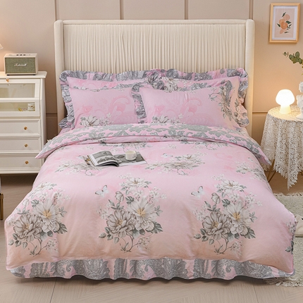 91家纺网 家纺一手货源 找家纺 （总）爱妮玖玖家纺 2023新款全棉12868韩式单层床裙（配双针被套的）四件套