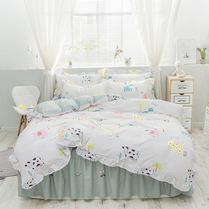 91家纺网 家纺一手货源 找家纺 （总）爱妮玖玖家纺 2023新款全棉12868四季款单层床裙（配花边被套的）四件套