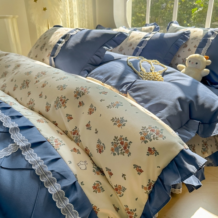 91家纺网 家纺一手货源 找家纺 金米诺 2024新款蝴蝶结韩版蕾丝花边床裙四件套 爱丽丝花园