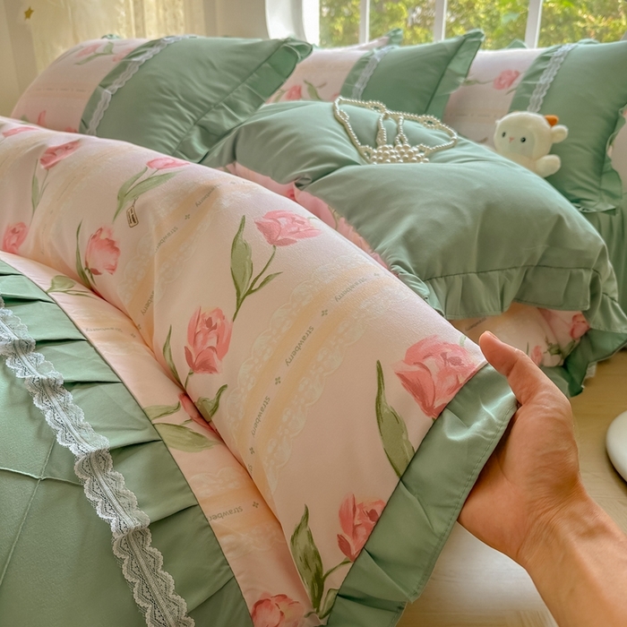 91家纺网 家纺一手货源 找家纺 金米诺 2024新款蝴蝶结韩版蕾丝花边床裙四件套 泫雅-樱桃粉