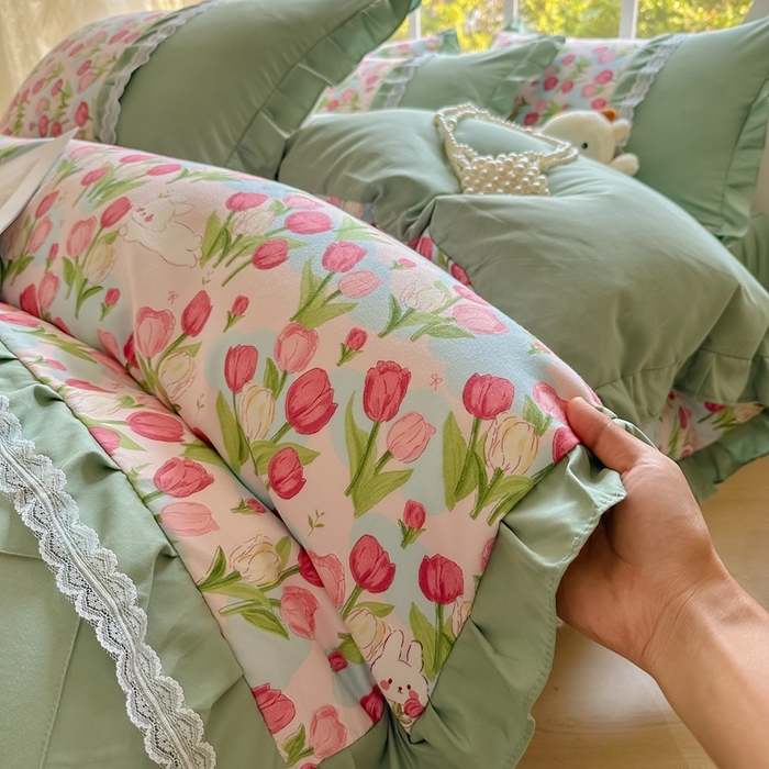 91家纺网 家纺一手货源 找家纺 金米诺 2024新款蝴蝶结韩版蕾丝花边床裙四件套 郁金小兔-粉玉