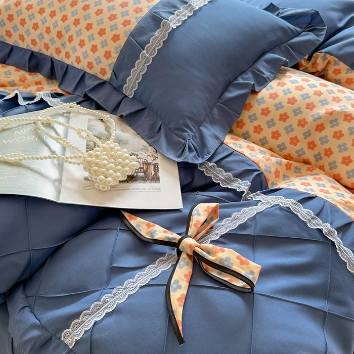 91家纺网 家纺一手货源 找家纺 金米诺 2024新款蝴蝶结韩版蕾丝花边床裙四件套 蒙德里安-香桔