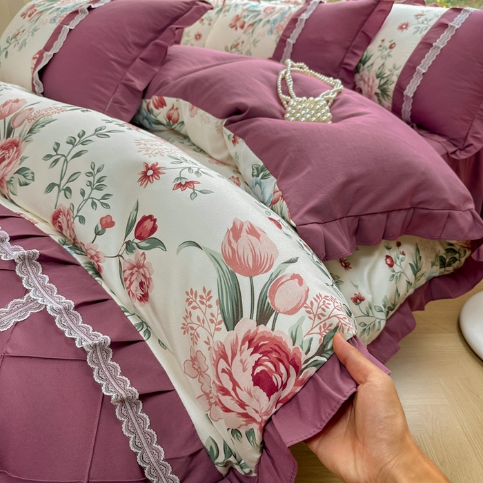 91家纺网 家纺一手货源 找家纺 金米诺 2024新款蝴蝶结韩版蕾丝花边床裙四件套 满园春色-清新白