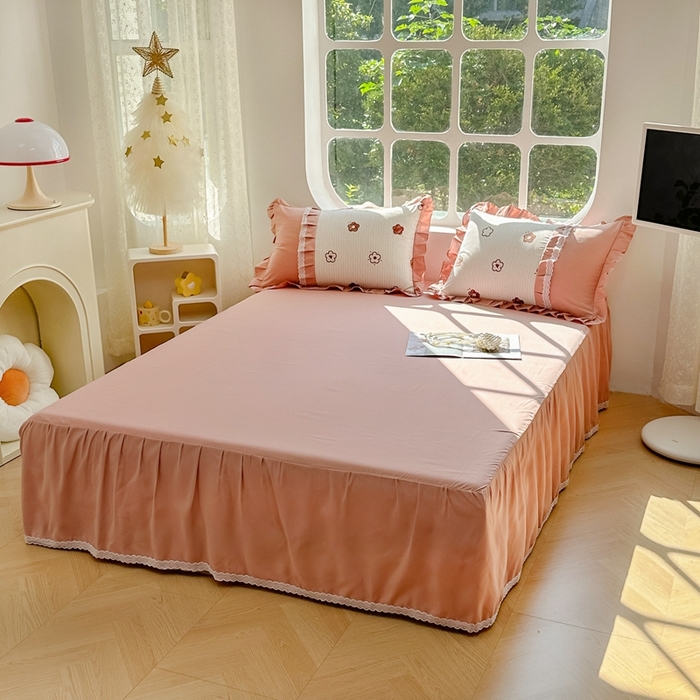 91家纺网 家纺一手货源 找家纺 金米诺 2024新款蝴蝶结韩版蕾丝花边床裙四件套 锦恋-太妃咖