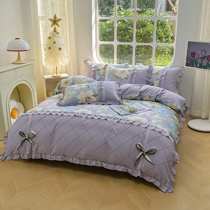 91家纺网 家纺一手货源 找家纺 金米诺 2024新款蝴蝶结韩版蕾丝花边床裙四件套 雨后花园-清新灰