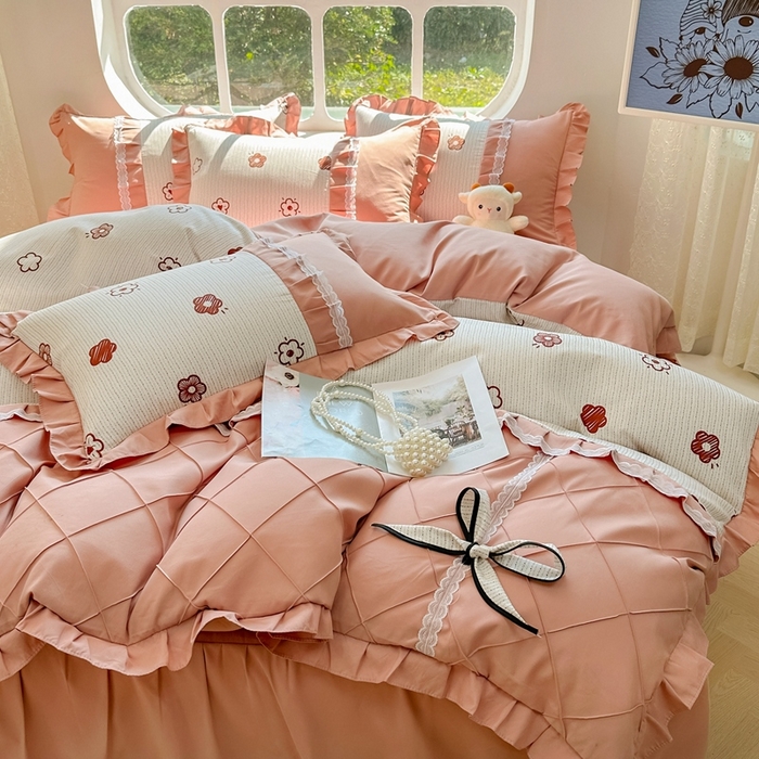 91家纺网 家纺一手货源 找家纺 金米诺 2024新款蝴蝶结韩版蕾丝花边床裙四件套 锦恋-太妃咖