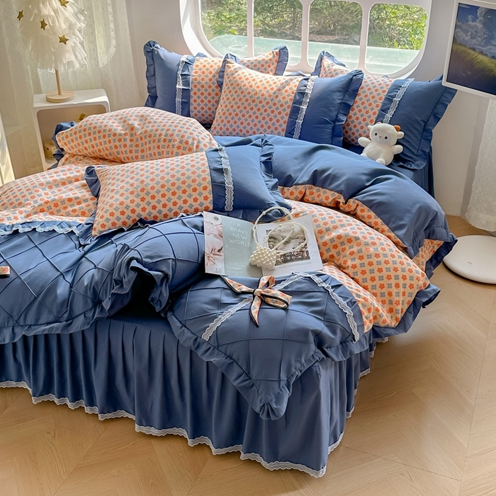 91家纺网 家纺一手货源 找家纺 金米诺 2024新款蝴蝶结韩版蕾丝花边床裙四件套 蒙德里安-香桔