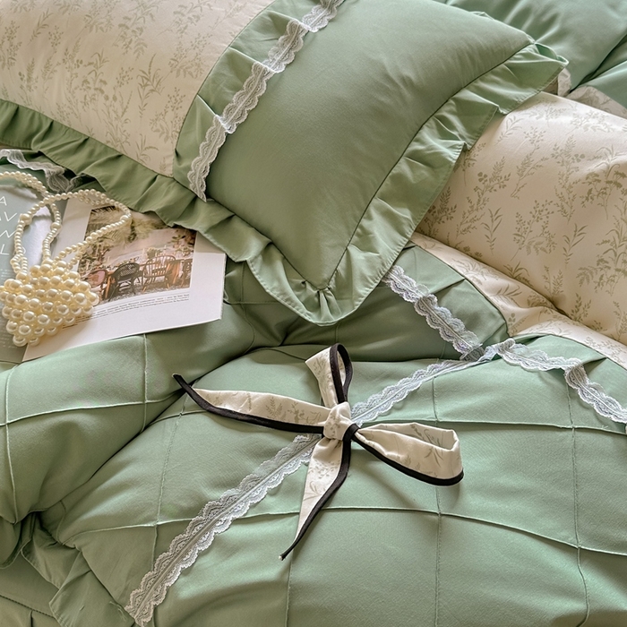 91家纺网 家纺一手货源 找家纺 金米诺 2024新款蝴蝶结韩版蕾丝花边床裙四件套 悠悠香草-米杏