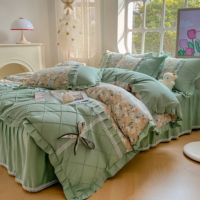 91家纺网 家纺一手货源 找家纺 金米诺 2024新款蝴蝶结韩版蕾丝花边床裙四件套 香草集-灰绿