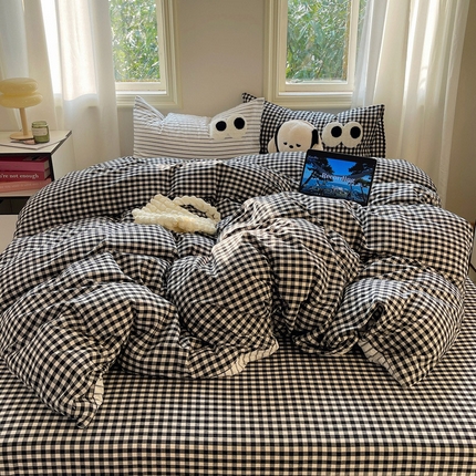 2023新款ins水洗棉色织大眼睛毛巾绣花多巴胺少女纯棉系列四件套 水洗棉-大眼格格灰条2