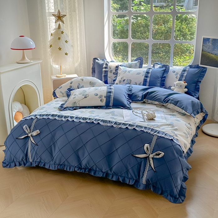 91家纺网 家纺一手货源 找家纺 金米诺 2024新款蝴蝶结韩版蕾丝花边床裙四件套 澜叶-珍珠白