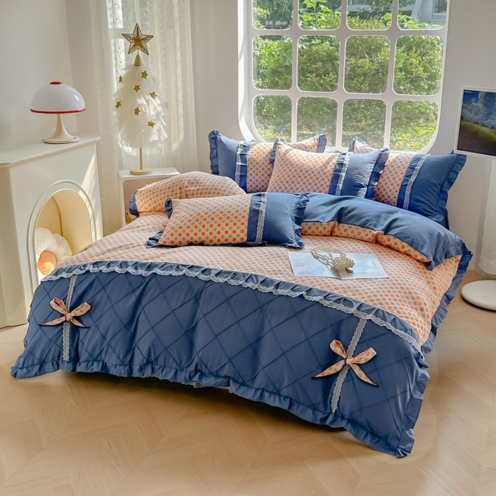 91家纺网 家纺一手货源 找家纺 金米诺 2024新款蝴蝶结韩版蕾丝花边床裙四件套 蒙德里安-香桔