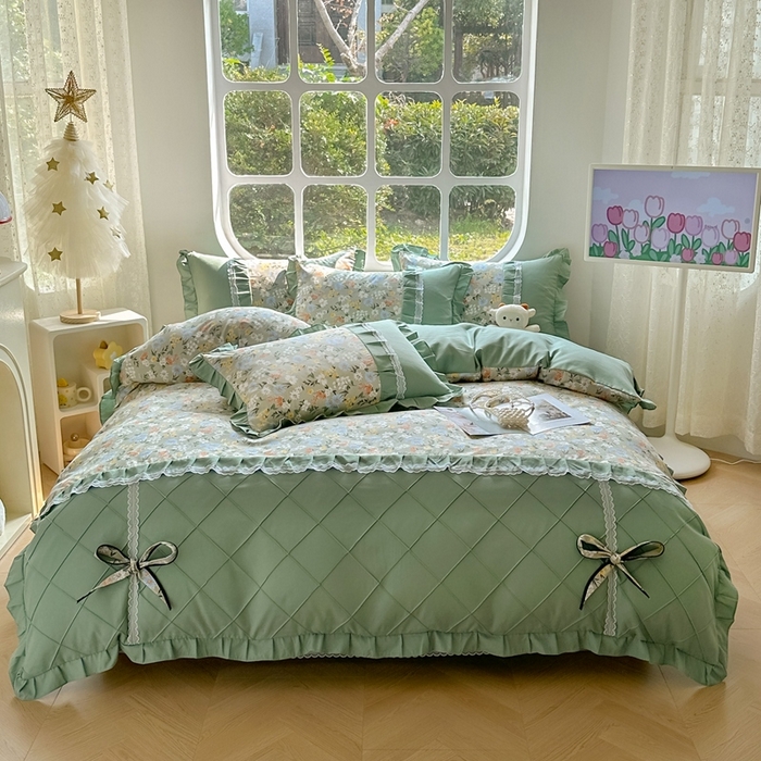 91家纺网 家纺一手货源 找家纺 金米诺 2024新款蝴蝶结韩版蕾丝花边床裙四件套 香草集-灰绿