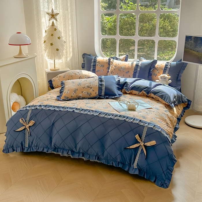 91家纺网 家纺一手货源 找家纺 金米诺 2024新款蝴蝶结韩版蕾丝花边床裙四件套 莫颜-浅驼