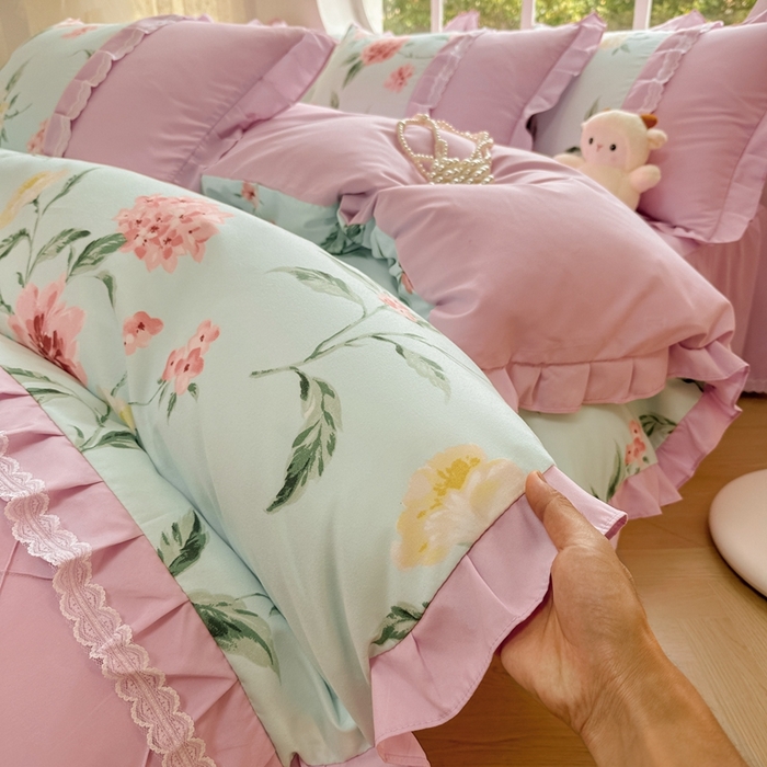 91家纺网 家纺一手货源 找家纺 金米诺 2024新款蝴蝶结韩版蕾丝花边床裙四件套 思郁法情-浅蓝