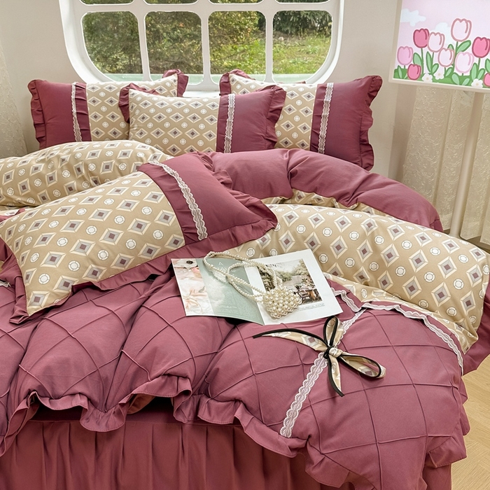 91家纺网 家纺一手货源 找家纺 金米诺 2024新款蝴蝶结韩版蕾丝花边床裙四件套 浮城迷恋-绿灰